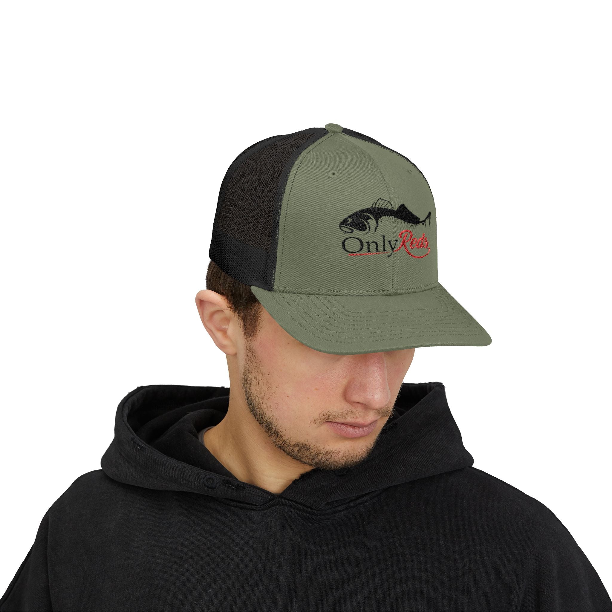 OnlyReds Fishing Trucker Cap — Embroidered Salmon Snapback Hat