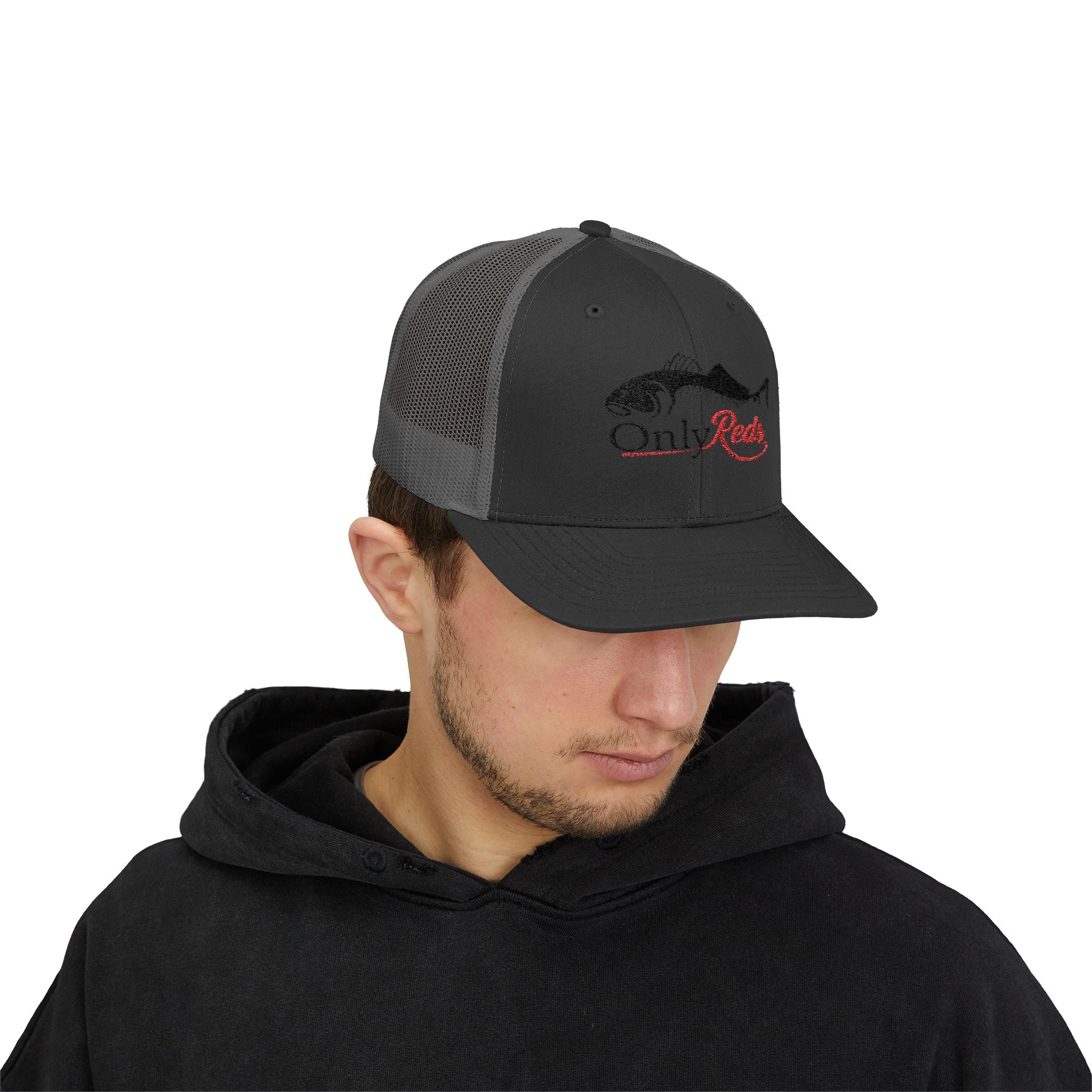 OnlyReds Fishing Trucker Cap — Embroidered Salmon Snapback Hat