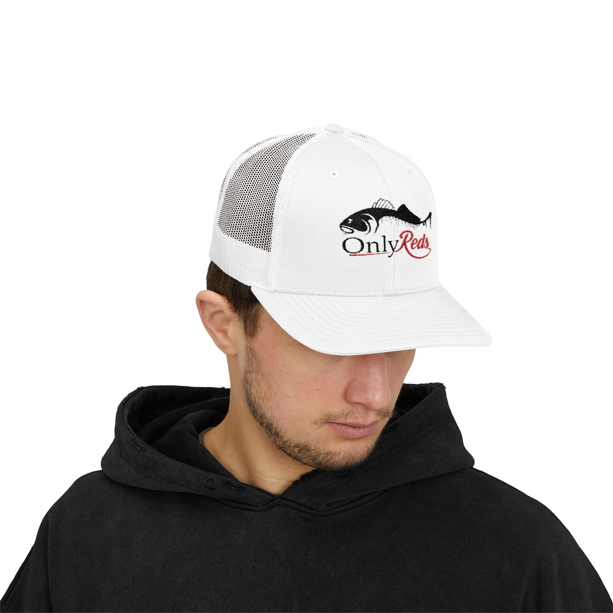 OnlyReds Fishing Trucker Cap — Embroidered Salmon Snapback Hat