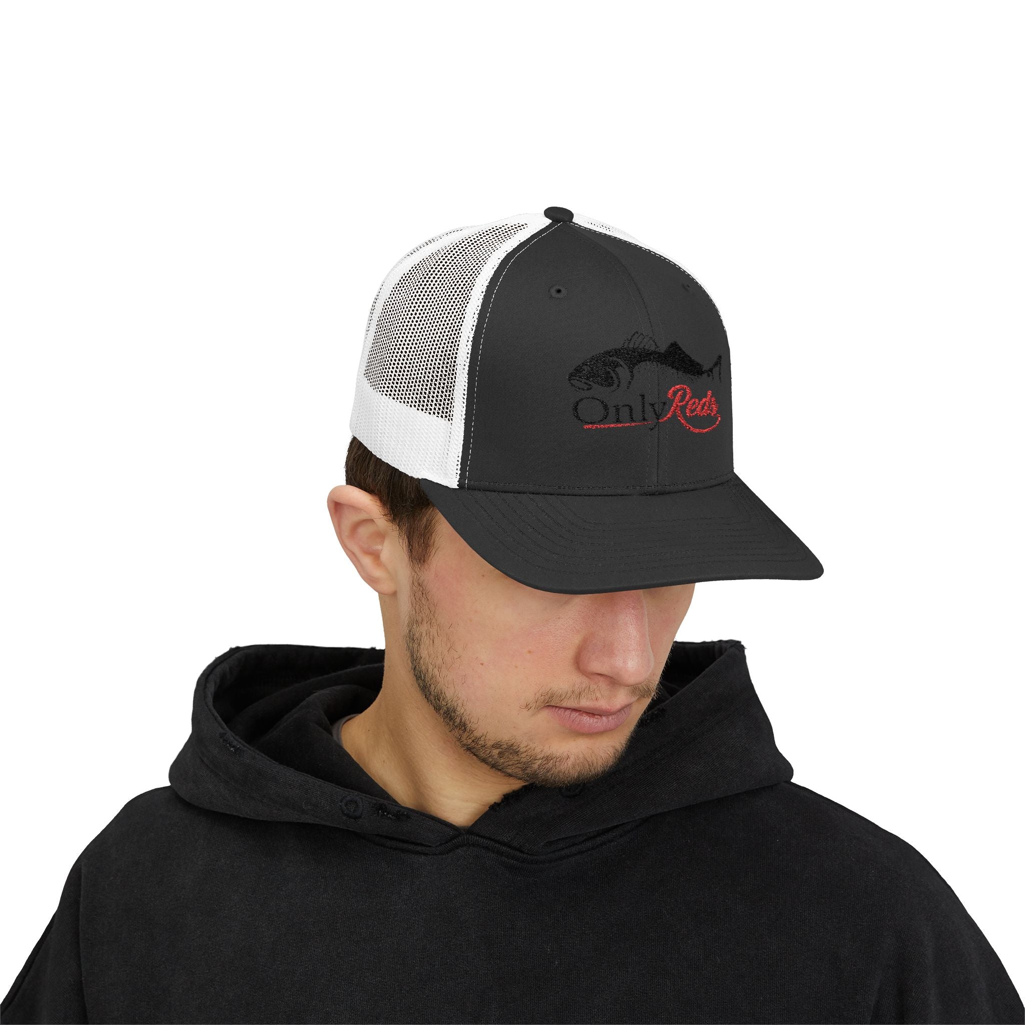 OnlyReds Fishing Trucker Cap — Embroidered Salmon Snapback Hat