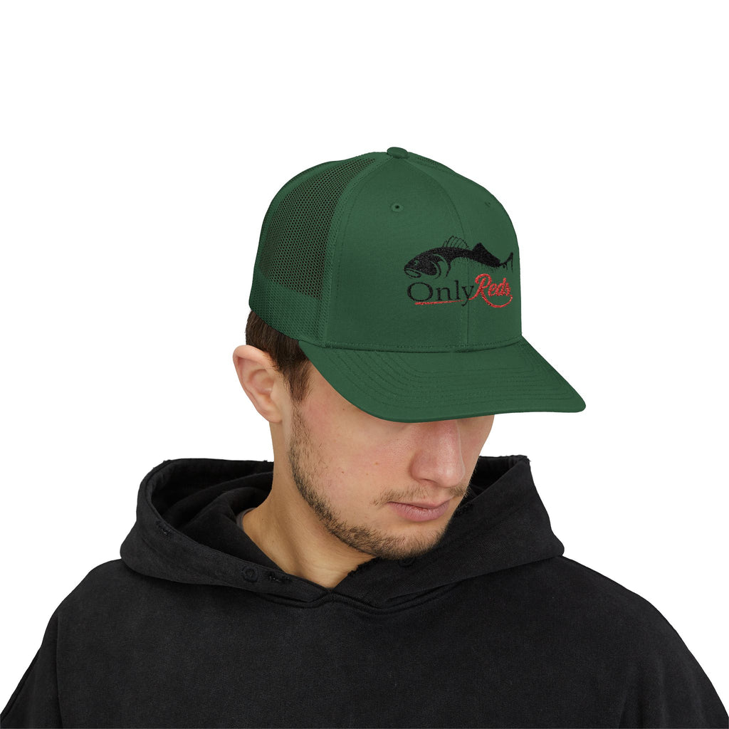 OnlyReds Fishing Trucker Cap — Embroidered Salmon Snapback Hat