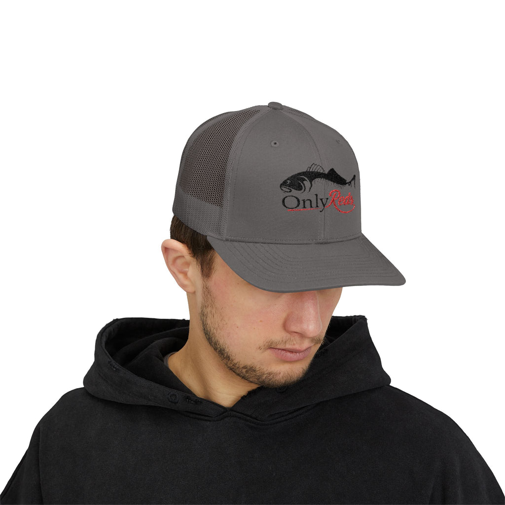 OnlyReds Fishing Trucker Cap — Embroidered Salmon Snapback Hat
