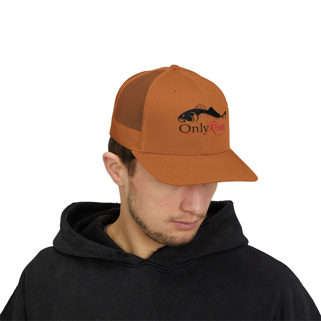 OnlyReds Fishing Trucker Cap — Embroidered Salmon Snapback Hat