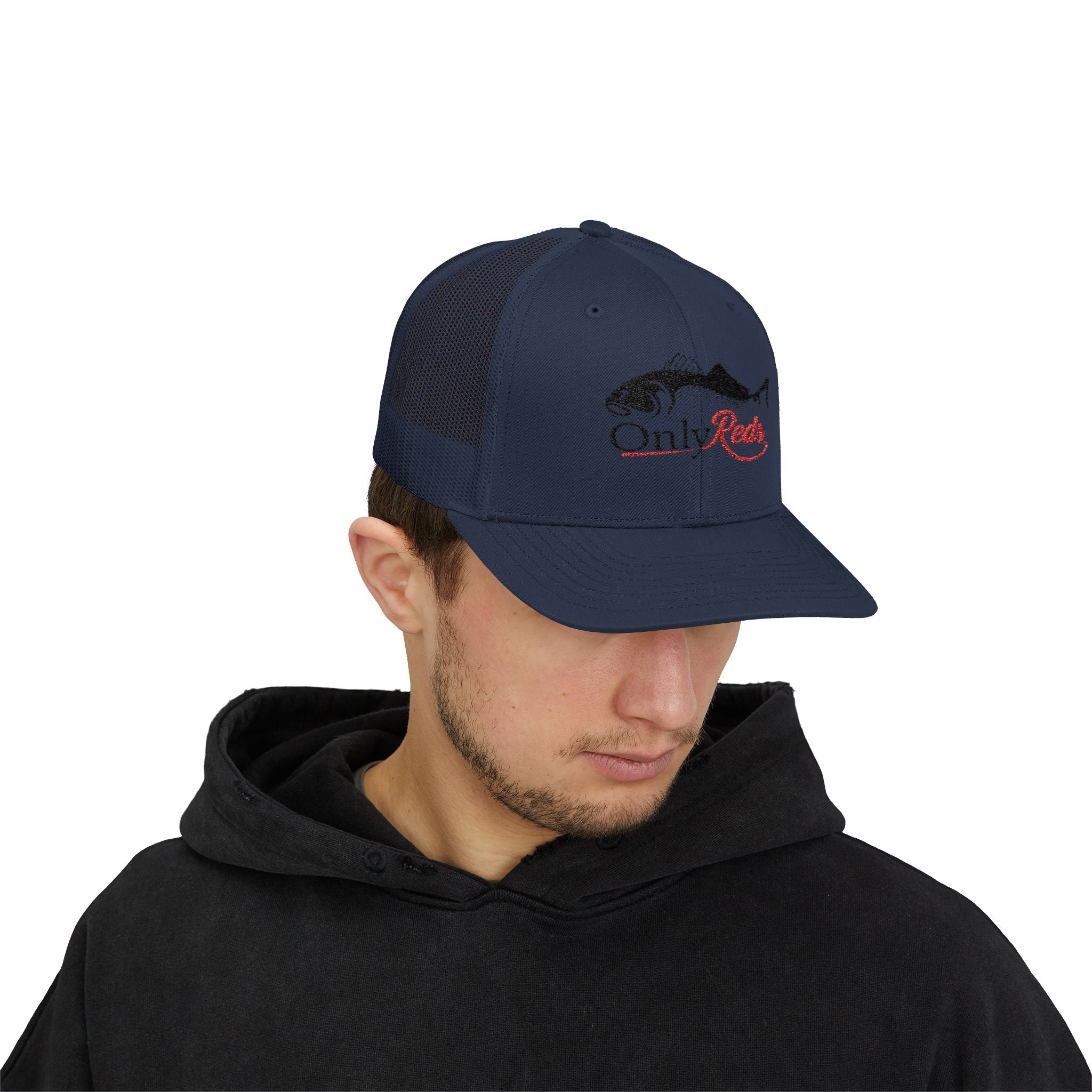 OnlyReds Fishing Trucker Cap — Embroidered Salmon Snapback Hat