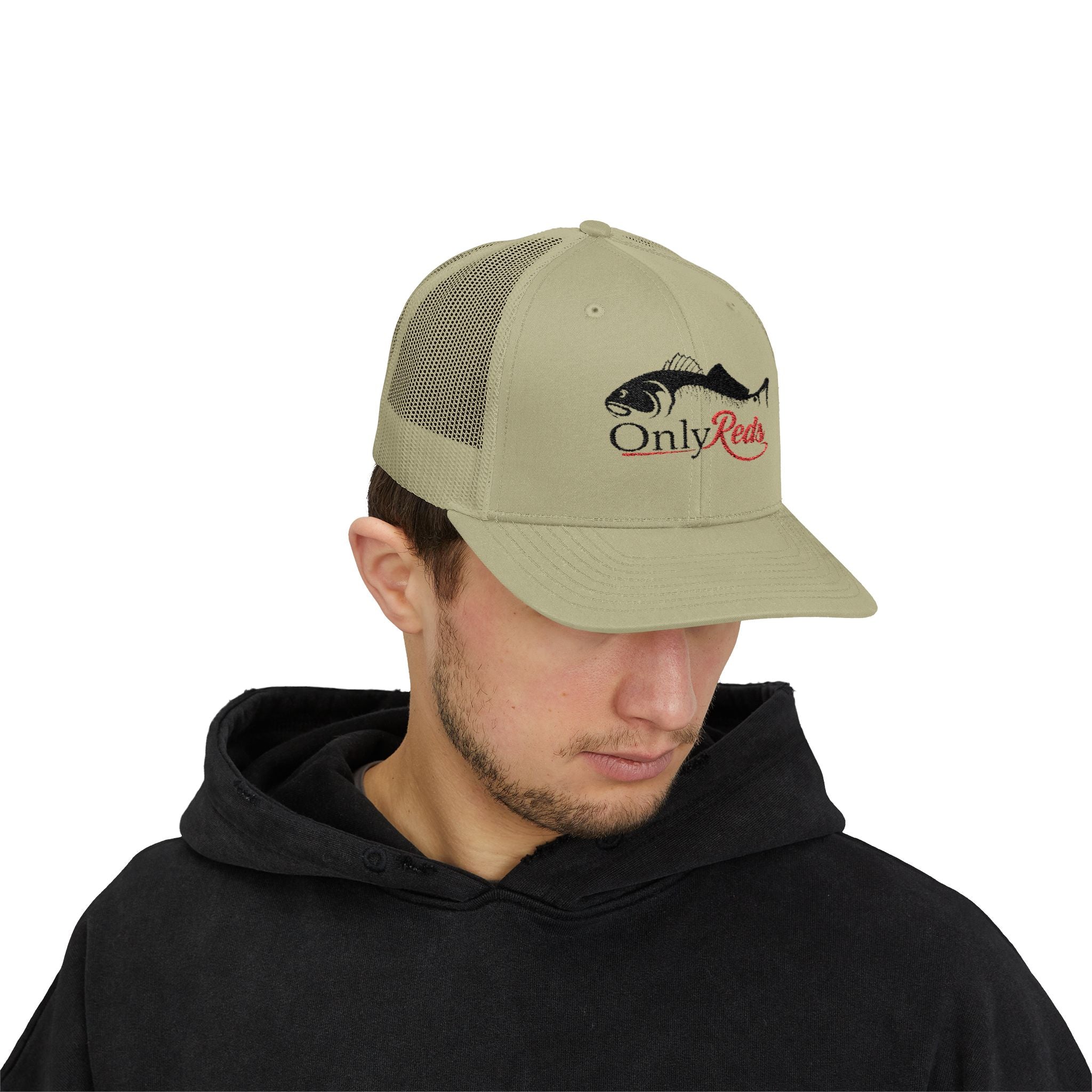 OnlyReds Fishing Trucker Cap — Embroidered Salmon Snapback Hat
