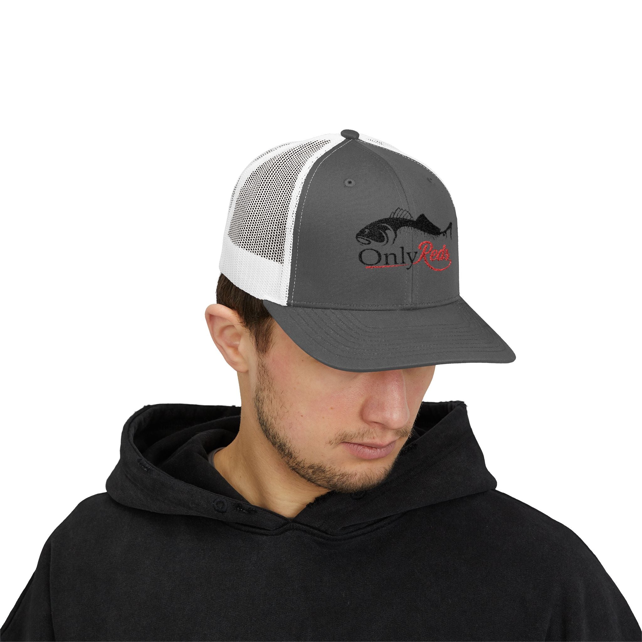 OnlyReds Fishing Trucker Cap — Embroidered Salmon Snapback Hat