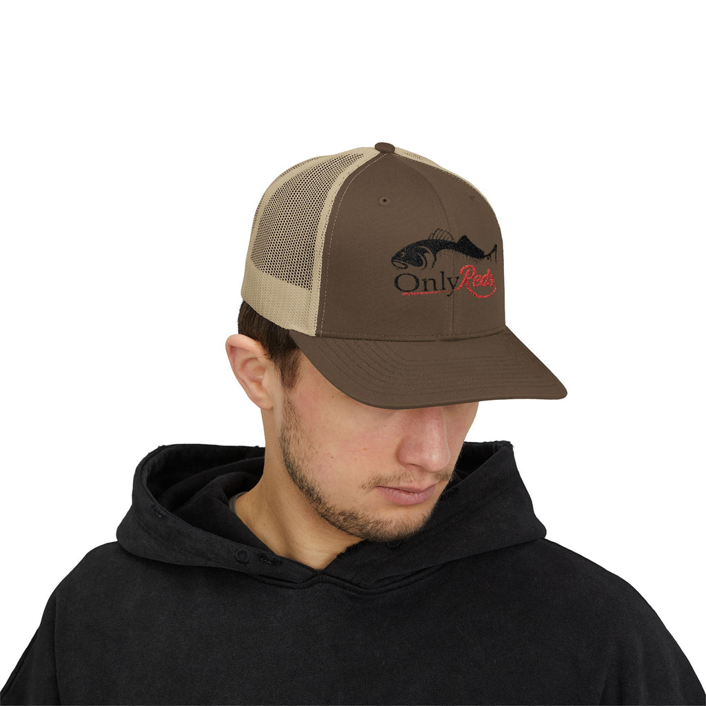 OnlyReds Fishing Trucker Cap — Embroidered Salmon Snapback Hat