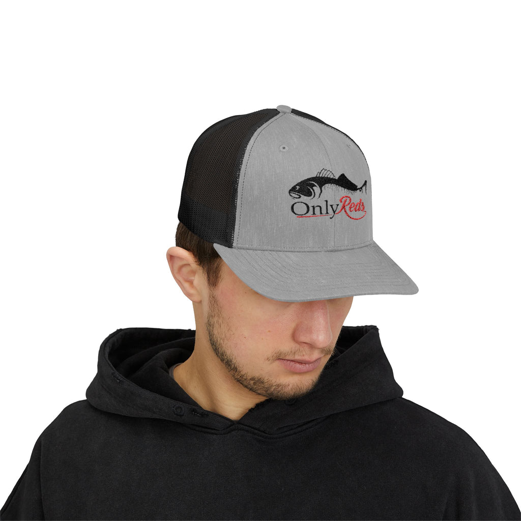 OnlyReds Fishing Trucker Cap — Embroidered Salmon Snapback Hat