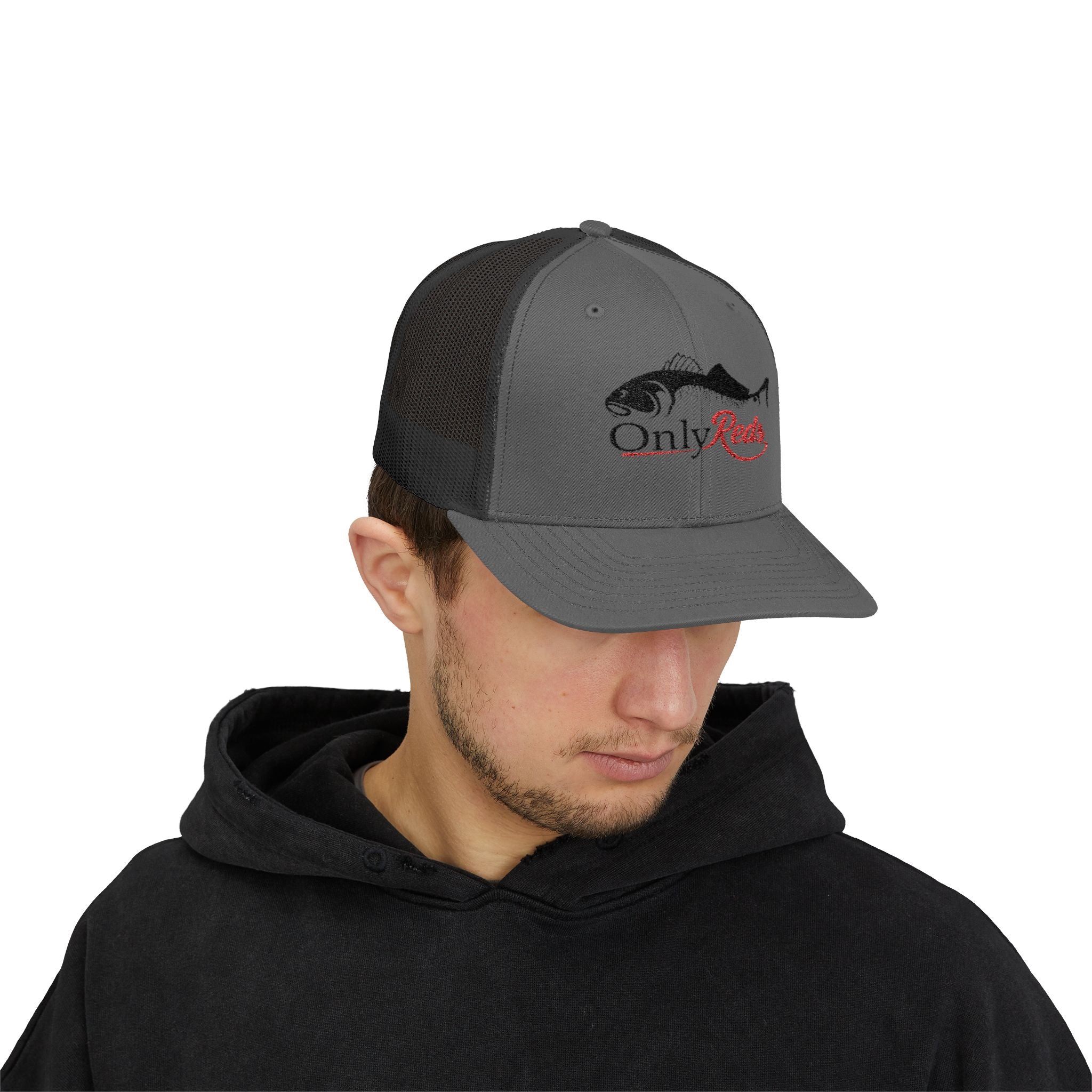 OnlyReds Fishing Trucker Cap — Embroidered Salmon Snapback Hat