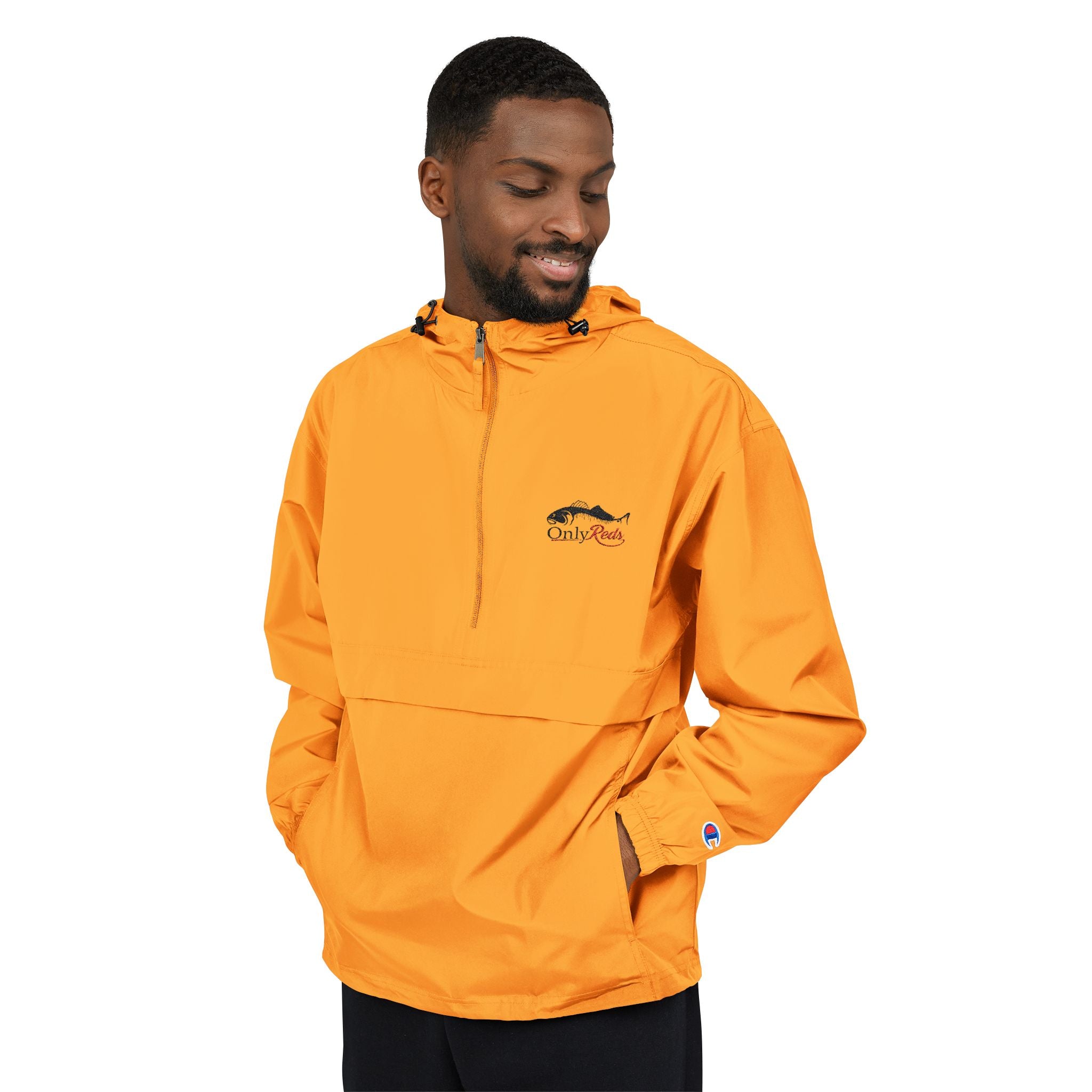 Packable Anorak Jacket — Lightweight Orange Windbreaker with Embroidered Logo