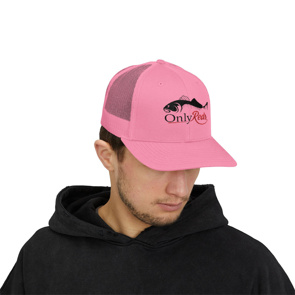 OnlyReds Fishing Trucker Cap — Embroidered Salmon Snapback Hat