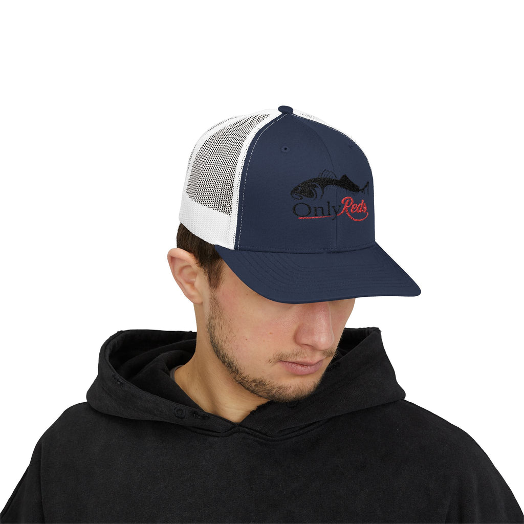 OnlyReds Fishing Trucker Cap — Embroidered Salmon Snapback Hat