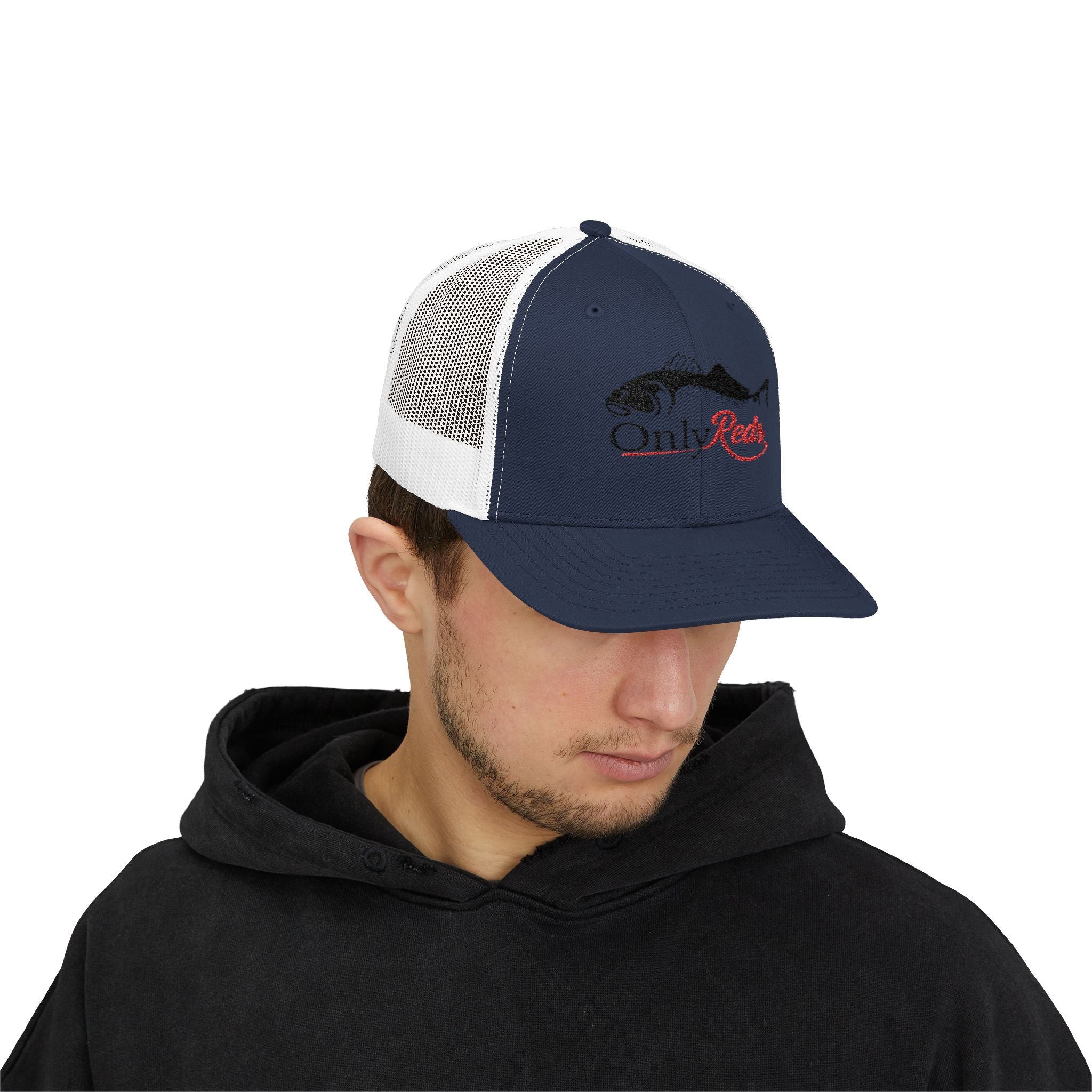 OnlyReds Fishing Trucker Cap — Embroidered Salmon Snapback Hat