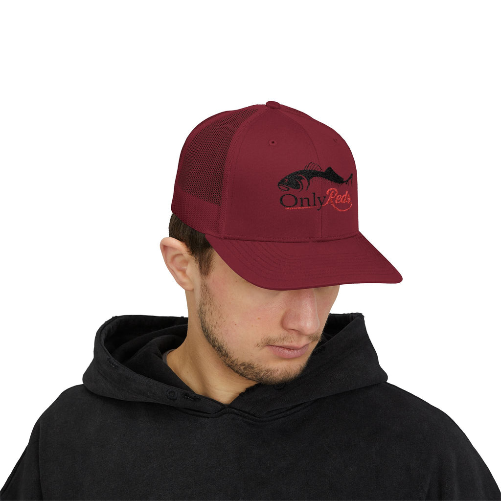 OnlyReds Fishing Trucker Cap — Embroidered Salmon Snapback Hat