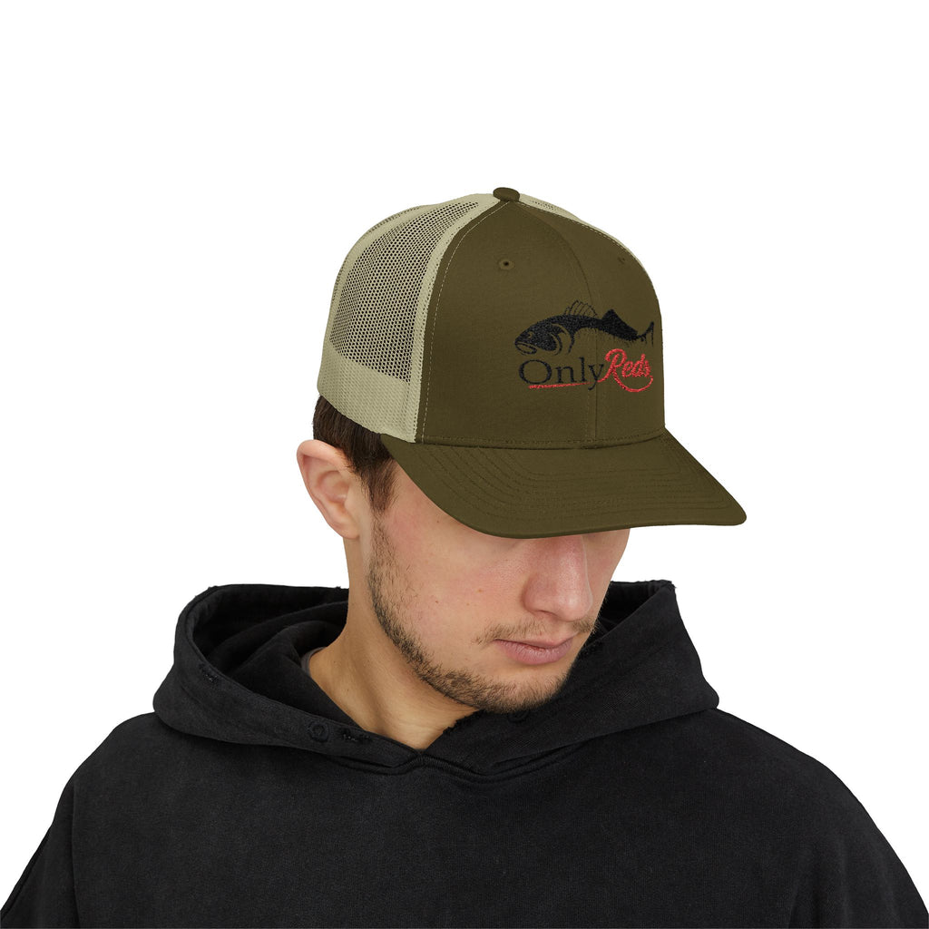 OnlyReds Fishing Trucker Cap — Embroidered Salmon Snapback Hat