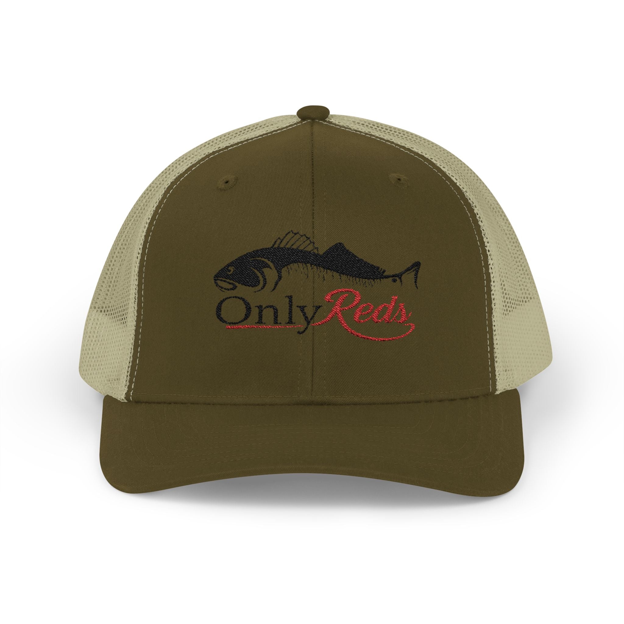 OnlyReds Fishing Trucker Cap — Embroidered Salmon Snapback Hat